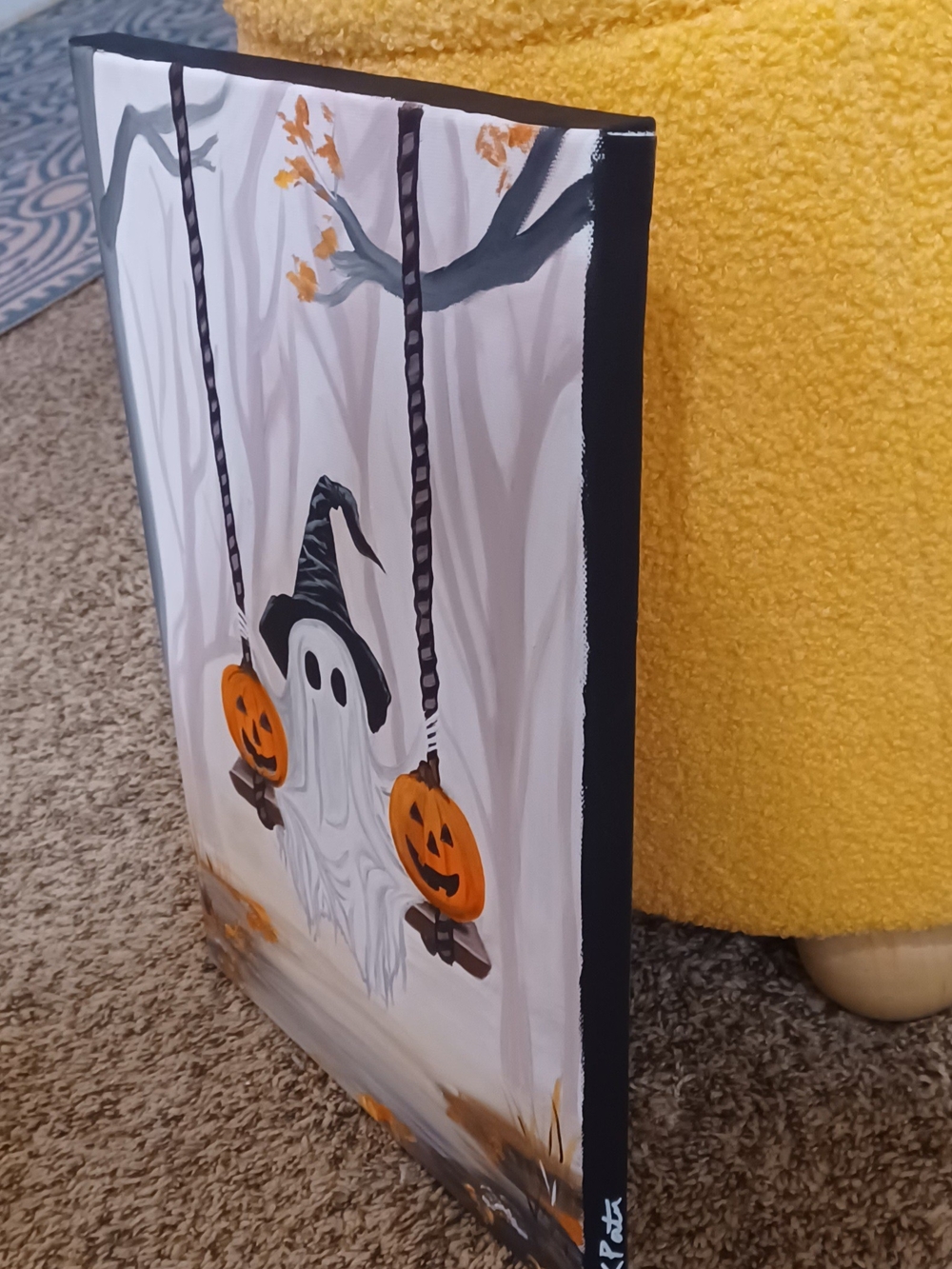Original Acrylic Halloween Ghost Painting with Jack-o'-Lanterns - Picture 3 of 6